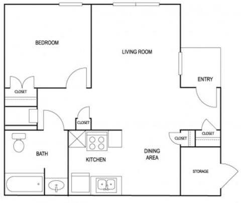 Floor plan for 1 bed, 1 bath, 741 sqft